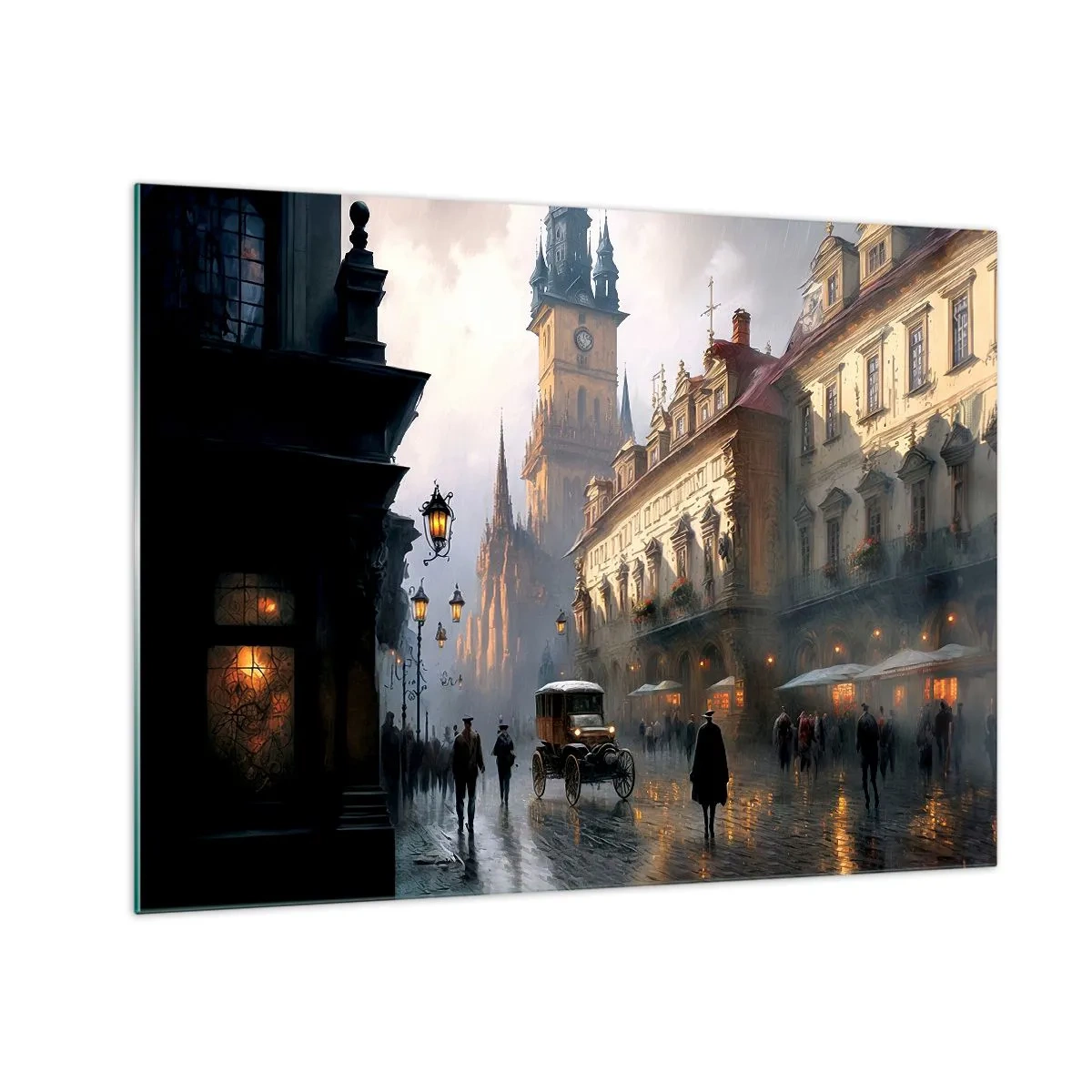 Glass picture - A historic street lit by lanterns at dusk - 70x50cm - Charm of Evening in Prague - Modern wall decoration for the living room and bedroom ARTTOR