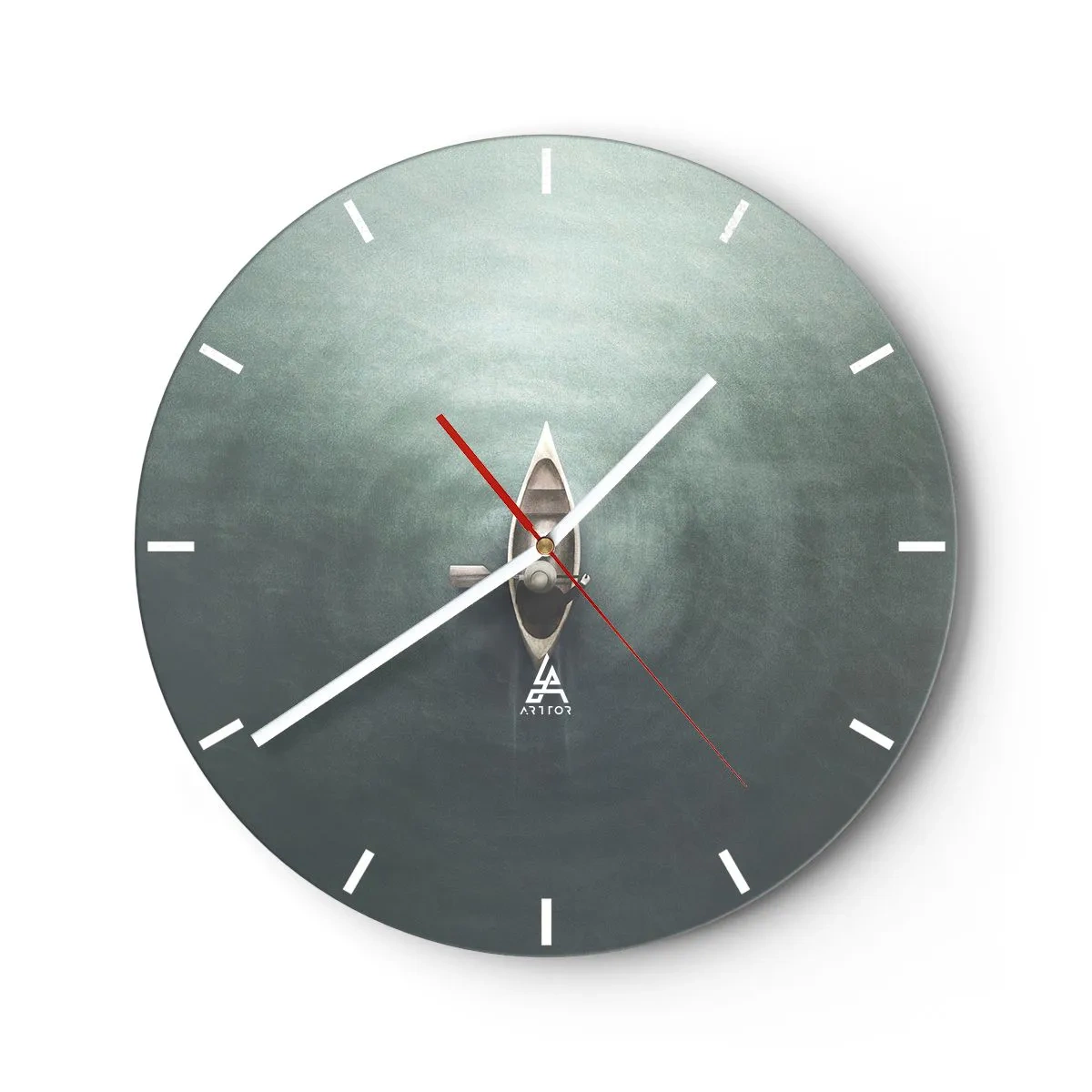 Wall clock - Clock on glass - A boat on a calm surface of water seen from a bird's eye view - 30x30cm - Through Moon Lake - Modern wall decoration for the living room, kitchen, and bedroom ARTTOR