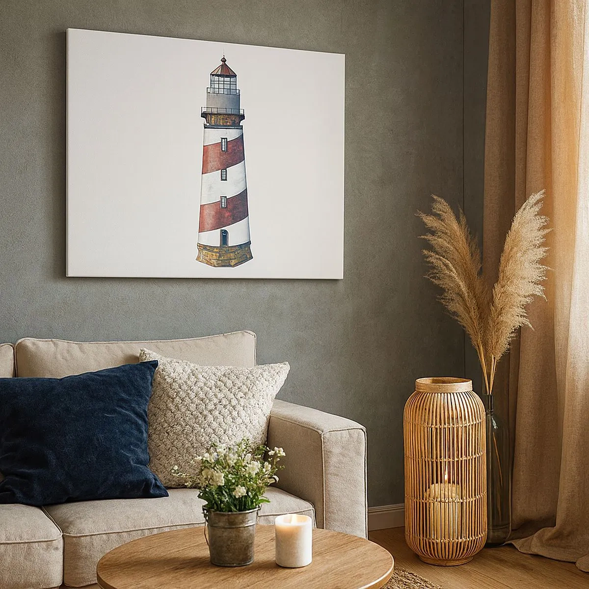 Canvas picture - A cartoon image of a lighthouse with red and white stripes on a minimalist background. - 70x50cm - Always on Guard - Modern wall decoration for the living room and bedroom ARTTOR