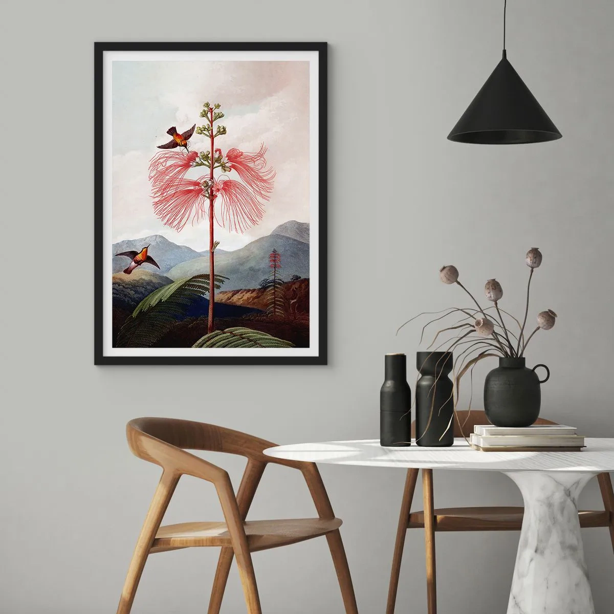 Poster in black frame - Exotic flower with hummingbirds among the mountains - 50x70cm - In a Tropical Paradise - Modern wall decoration for the living room and bedroom ARTTOR