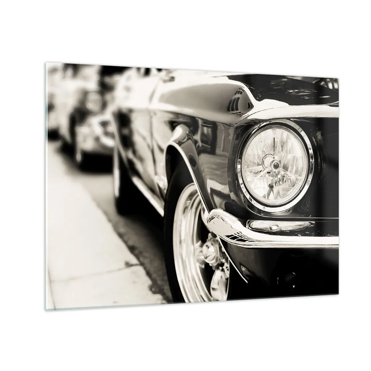 Glass picture - Close-up of the front of a classic car in sepia - 70x50cm - Lasting Shine - Modern wall decoration for the living room and bedroom ARTTOR