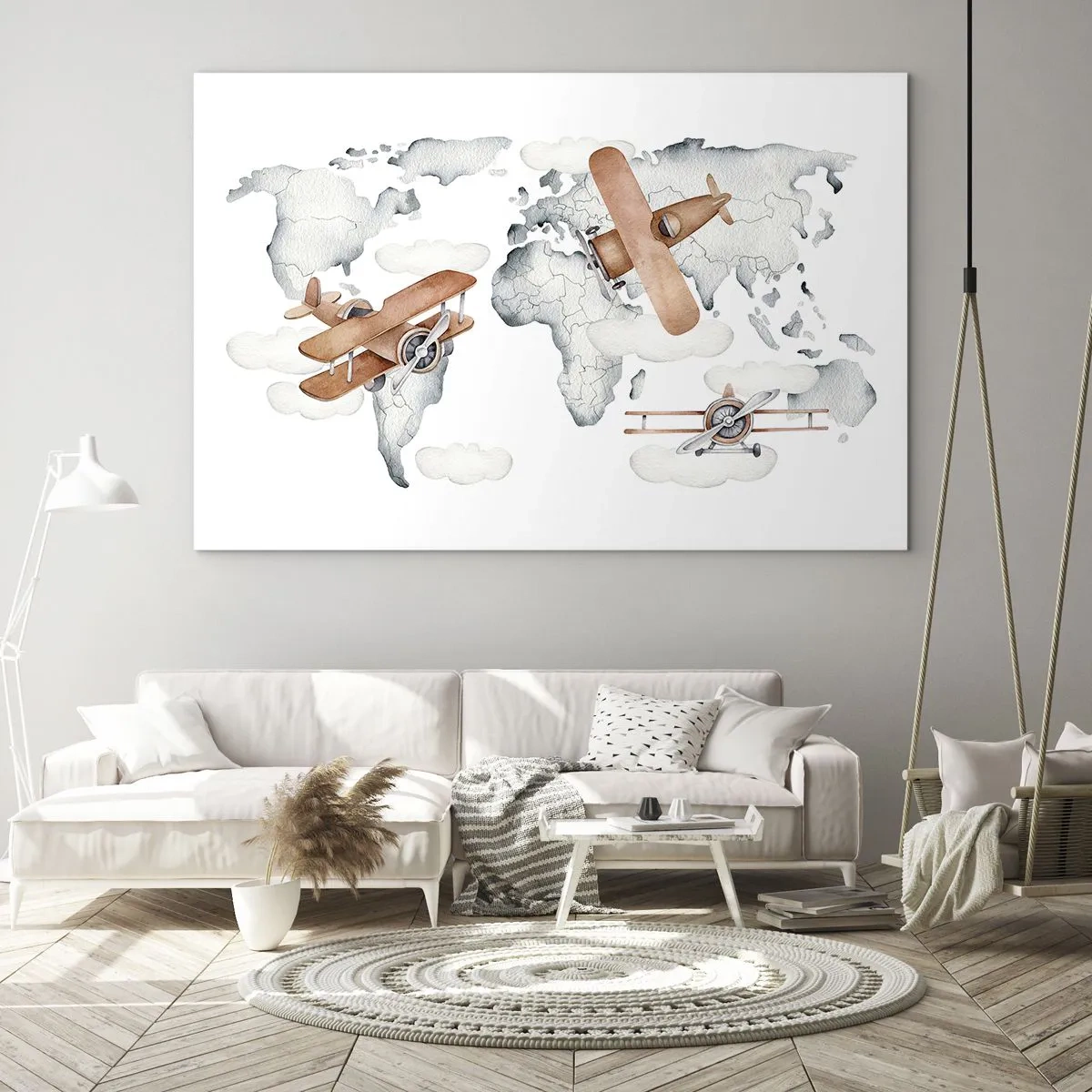 Glass picture - Retro airplane world map for kids - 70x50cm - In a Pioneering Spirit - Modern wall decoration for the living room and bedroom ARTTOR