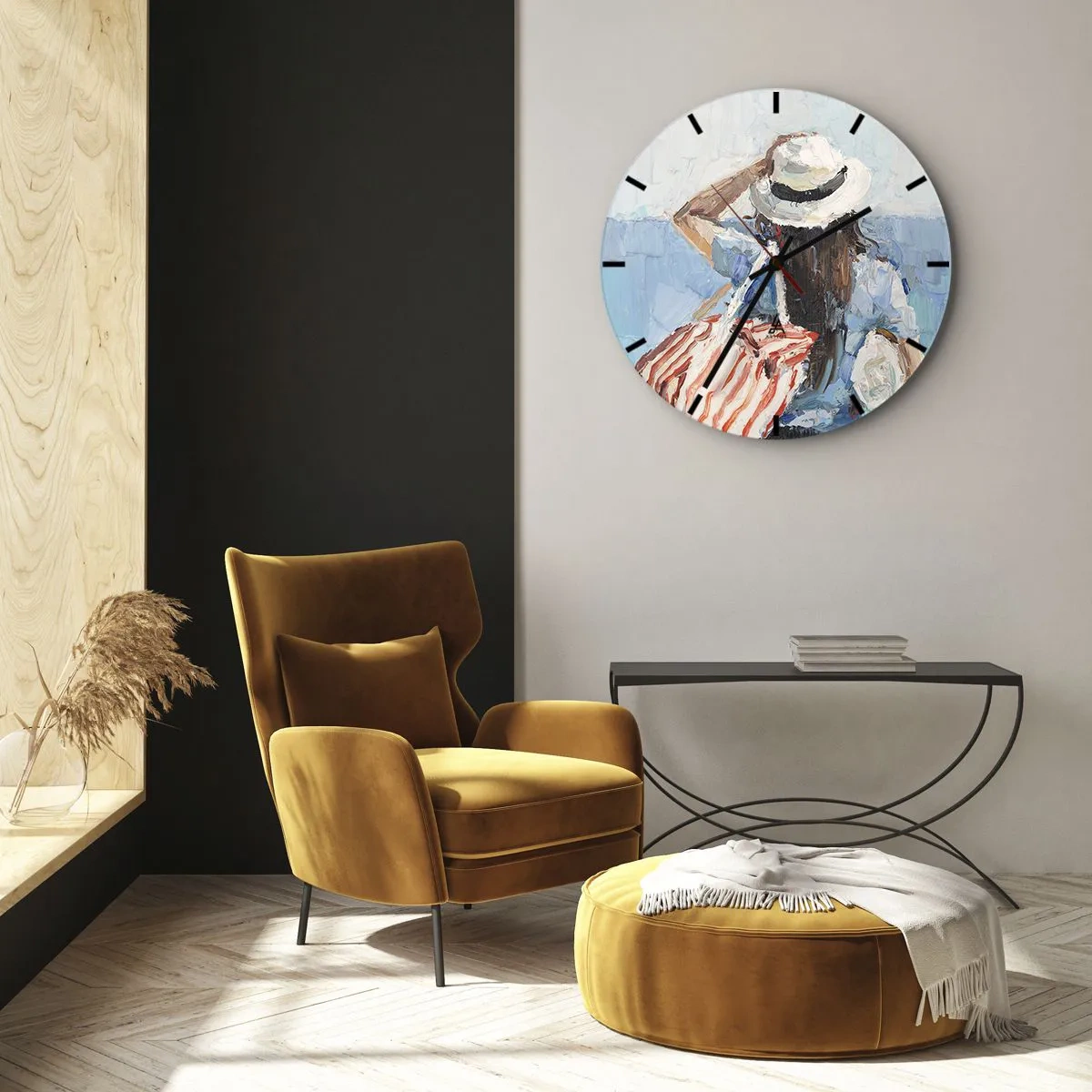 Wall clock - Clock on glass - A summer painting of a woman in a hat against the sea - 30x30cm - Welcome to Holiday - Modern wall decoration for the living room, kitchen, and bedroom ARTTOR