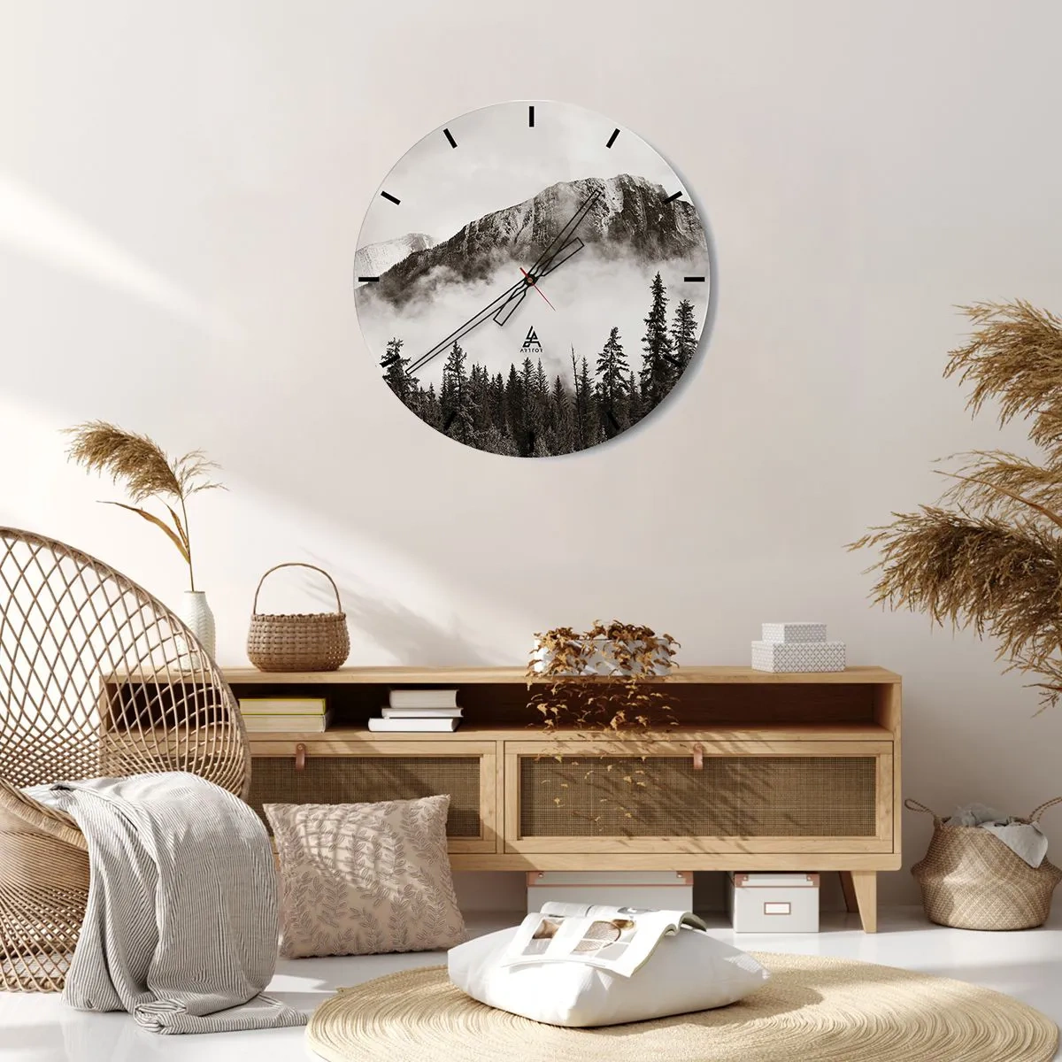 Wall clock - Clock on glass - Mountain landscape with forest in a foggy atmosphere - 30x30cm - Granite Ruler - Modern wall decoration for the living room, kitchen, and bedroom ARTTOR