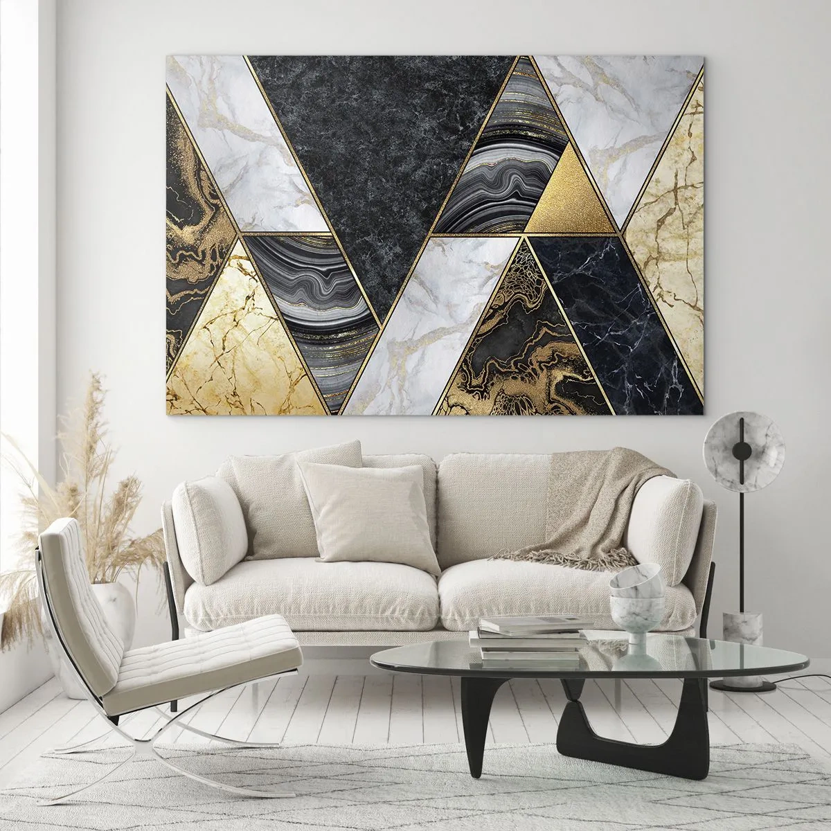 Glass picture - Geometric pattern of marble and gold triangles - 70x50cm - Stone on Stone - Modern wall decoration for the living room and bedroom ARTTOR