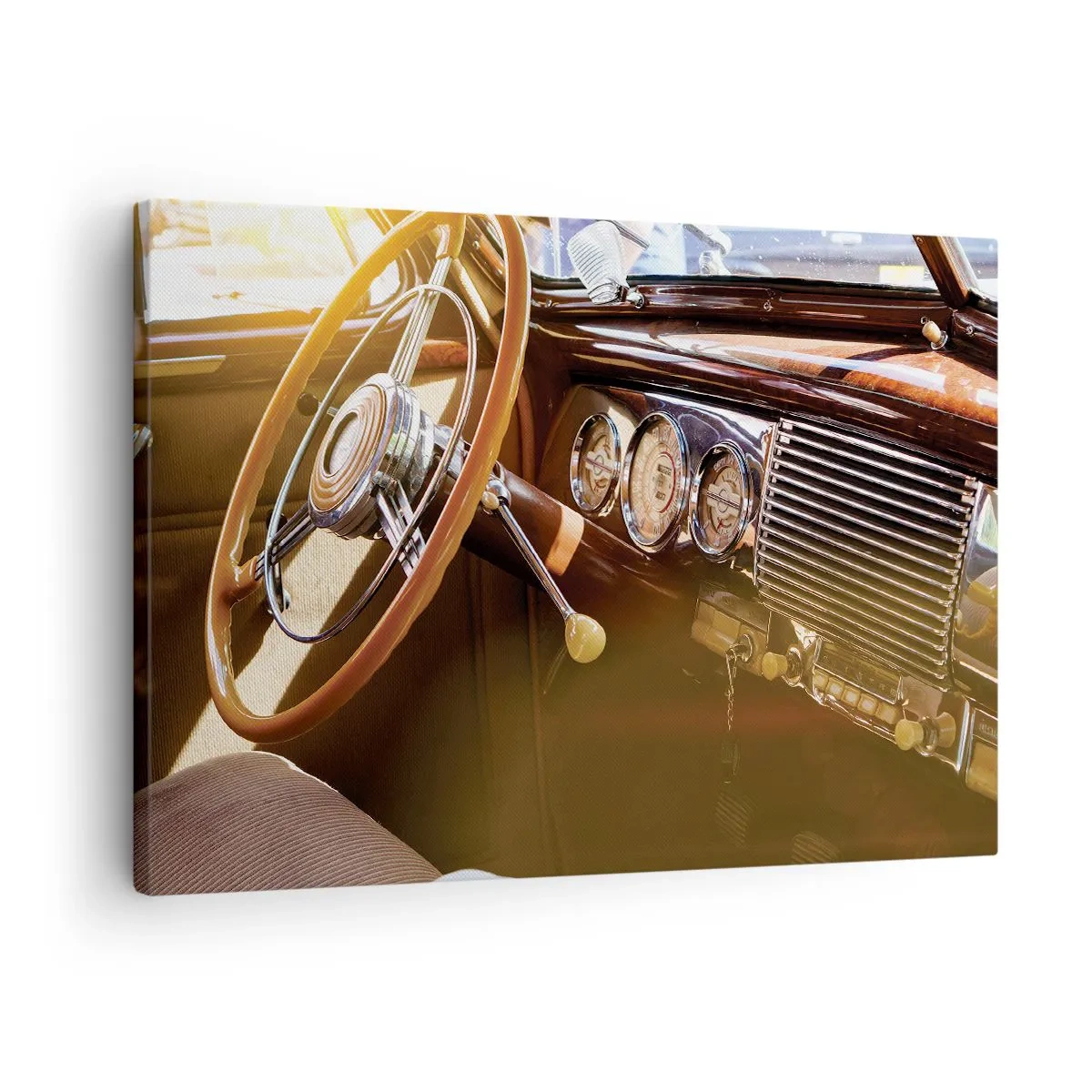 Canvas picture - Close-up of a classic car interior with wood and chrome details. - 70x50cm - Breath of Luxury form the Past - Modern wall decoration for the living room and bedroom ARTTOR