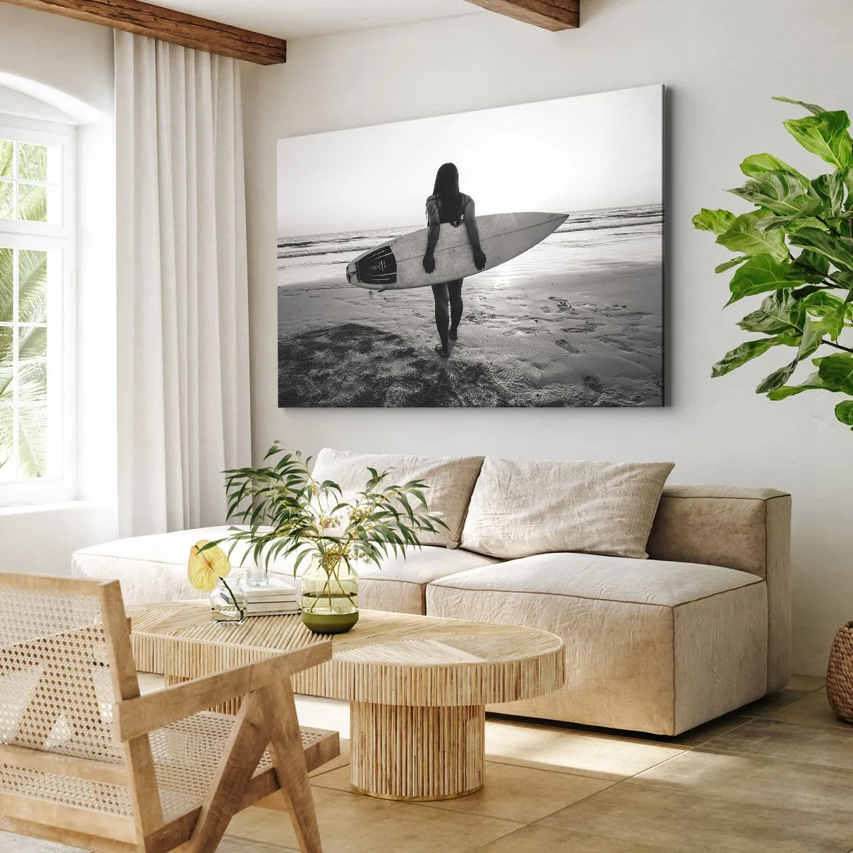 Canvas picture - Woman with surfboard on beach in black and white - 70x50cm - Daughter of Sea Wave - Modern wall decoration for the living room and bedroom ARTTOR