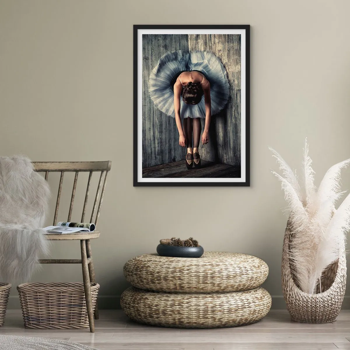 Poster in black frame - An elegant ballerina in a classic pose against a raw wall. - 50x70cm - When the Music Stops - Modern wall decoration for the living room and bedroom ARTTOR