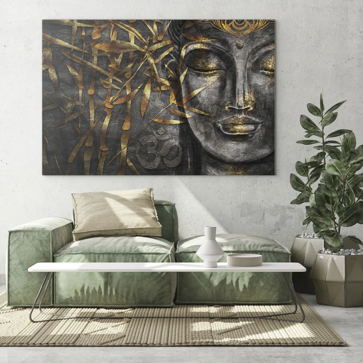 Glass picture - Golden Buddha image against a bamboo background - 70x50cm - Feel the Peace - Modern wall decoration for the living room and bedroom ARTTOR