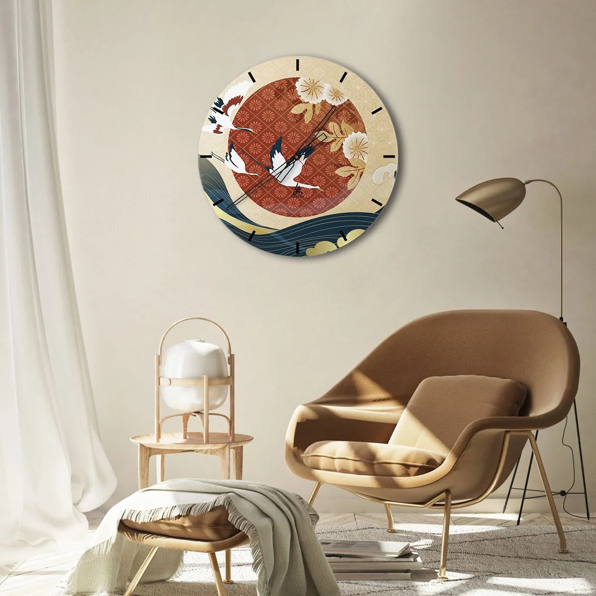 Wall clock - Clock on glass - Japanese cranes against a background of a red circle and stylized waves. - 30x30cm - Japanese Tale - Modern wall decoration for the living room, kitchen, and bedroom ARTTOR