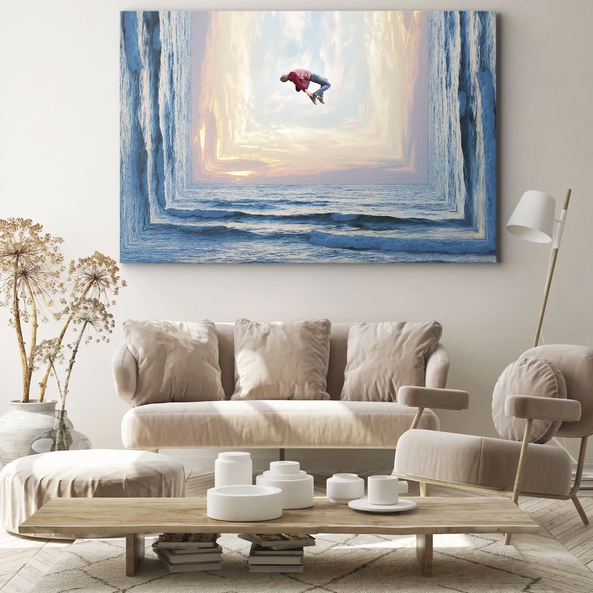 Canvas picture - Surreal jump over the sea in the frame - 70x50cm - To Another Dimension - Modern wall decoration for the living room and bedroom ARTTOR