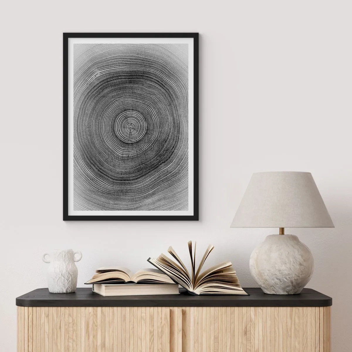 Poster in black frame - Black and white graphic showing a cross-section of a tree trunk - 50x70cm - Sign of the Time - Modern wall decoration for the living room and bedroom ARTTOR