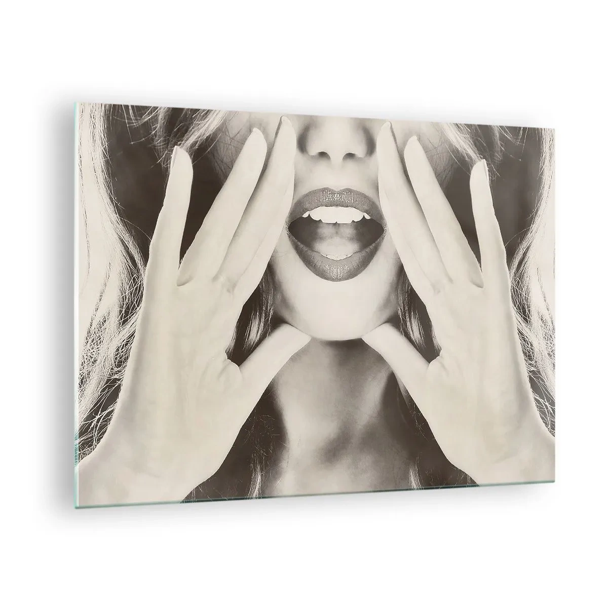 Glass picture - A woman with lipstick on her lips and her hands to her face - 70x50cm - Coming! - Modern wall decoration for the living room and bedroom ARTTOR