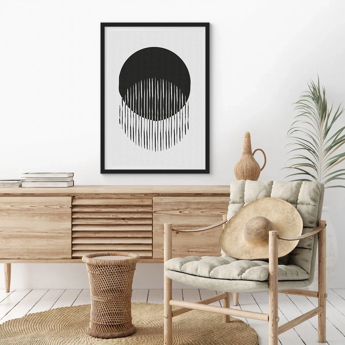 Poster in black frame - Abstract composition of a black circle and vertical lines - 50x70cm - His Alter Ego - Modern wall decoration for the living room and bedroom ARTTOR