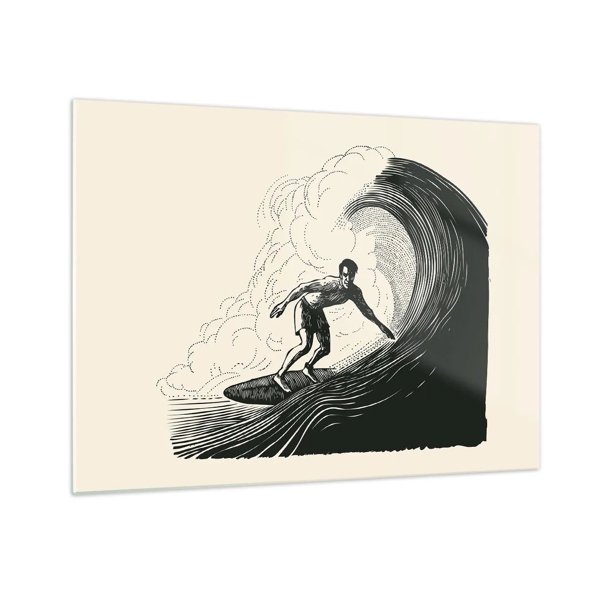 Glass picture - Surfer riding a high wave in a retro drawing style - 70x50cm - King of the Wave - Modern wall decoration for the living room and bedroom ARTTOR