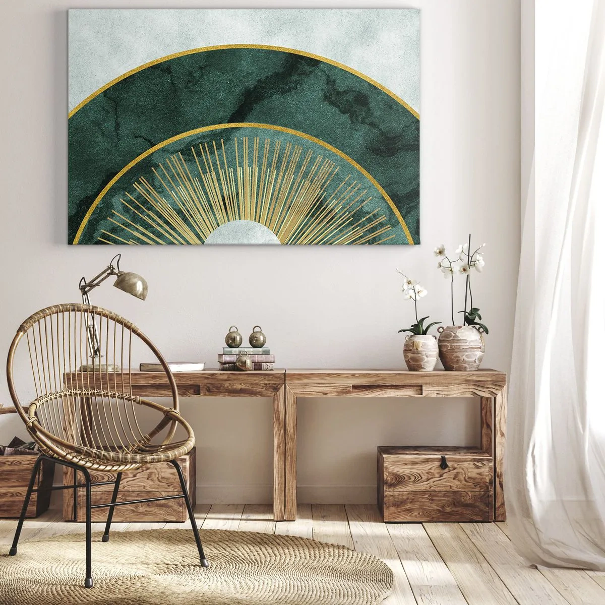Canvas picture - Abstract pattern with circles in emerald and gold colors. - 70x50cm - Another Solar System - Modern wall decoration for the living room and bedroom ARTTOR