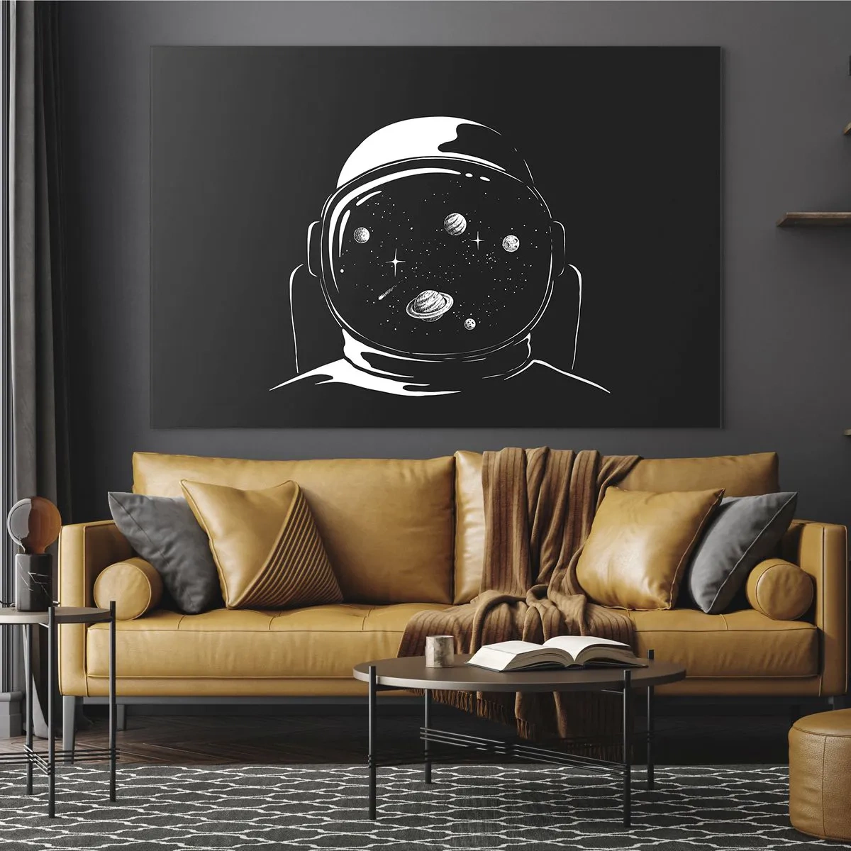 Glass picture - Astronaut with stars and planets in his helmet on a black background - 70x50cm - Quite a View - Modern wall decoration for the living room and bedroom ARTTOR