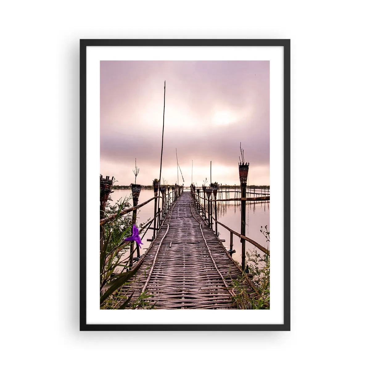 Poster in black frame - Bamboo bridge over calm water at dusk - 50x70cm - Peace and Quiet of Asia - Modern wall decoration for the living room and bedroom ARTTOR