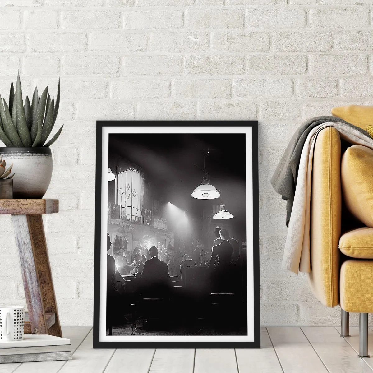 Poster in black frame - A black and white scene from an atmospheric jazz nightclub - 50x70cm - In Jazz Ambiance - Modern wall decoration for the living room and bedroom ARTTOR