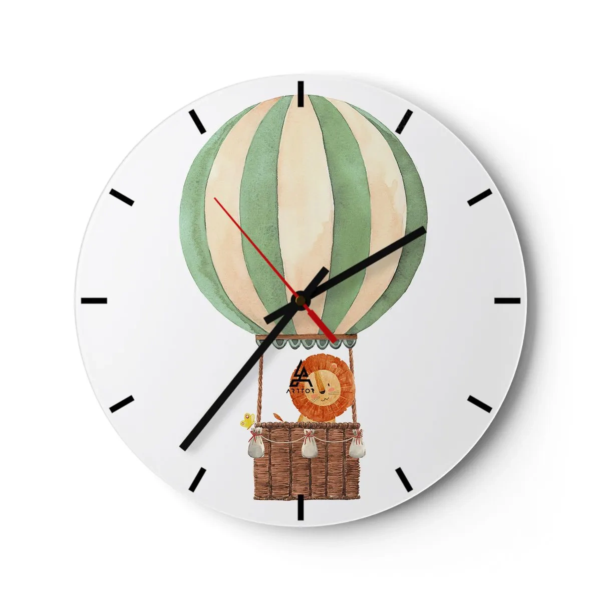 Wall clock - Clock on glass - A lion and a duck in a balloon on a white background - 30x30cm - Leon's Adventures - Modern wall decoration for the living room, kitchen, and bedroom ARTTOR