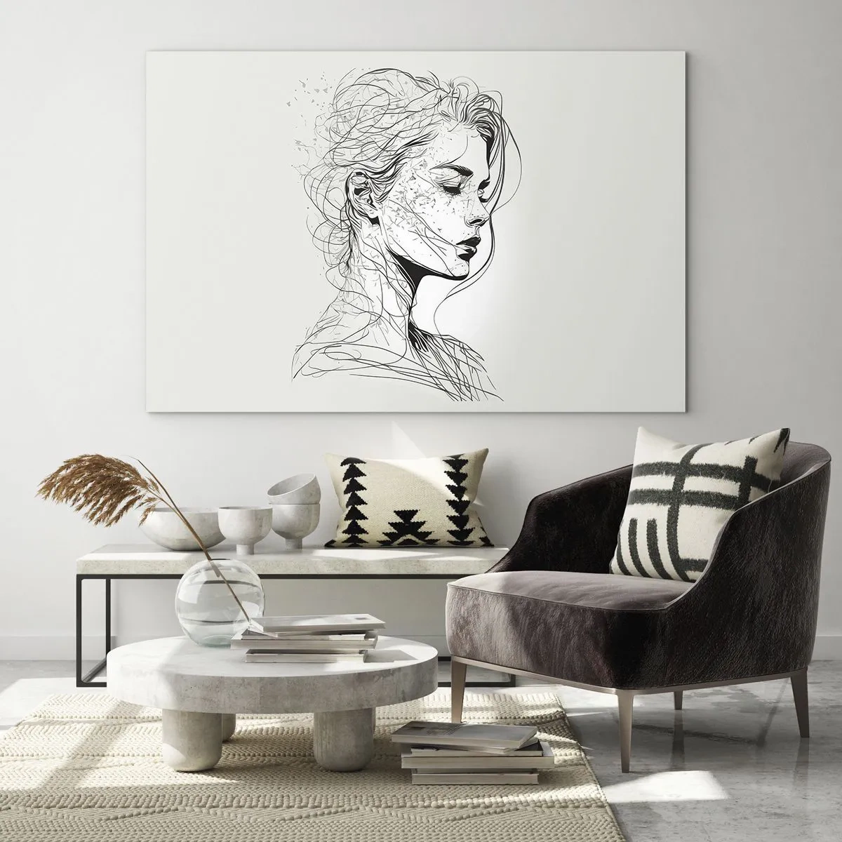 Glass picture - A black and white sketch of a woman with her eyes closed in a delicate line. - 70x50cm - Portrait in Thoughts - Modern wall decoration for the living room and bedroom ARTTOR