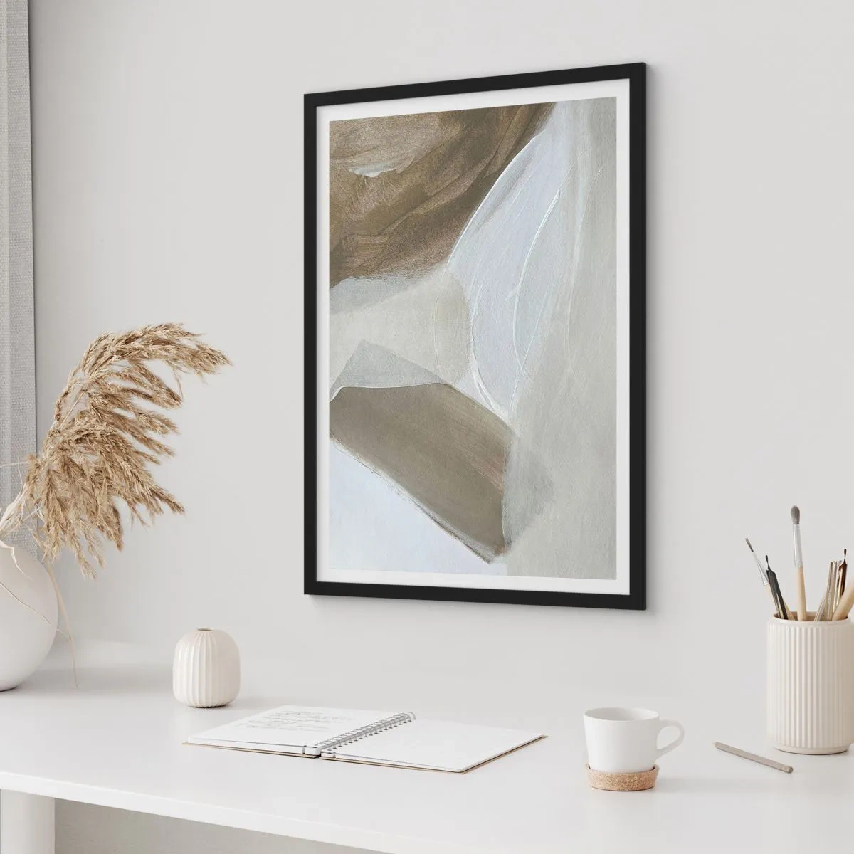 Poster in black frame - Minimalist abstraction in beige shades - 50x70cm - Waves of White - Modern wall decoration for the living room and bedroom ARTTOR