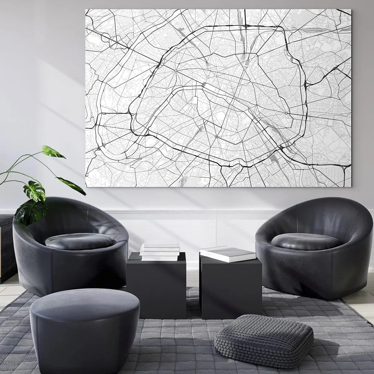 Glass picture - Black and white city map with street grid and circular arteries - 70x50cm - Flower of Paris - Modern wall decoration for the living room and bedroom ARTTOR