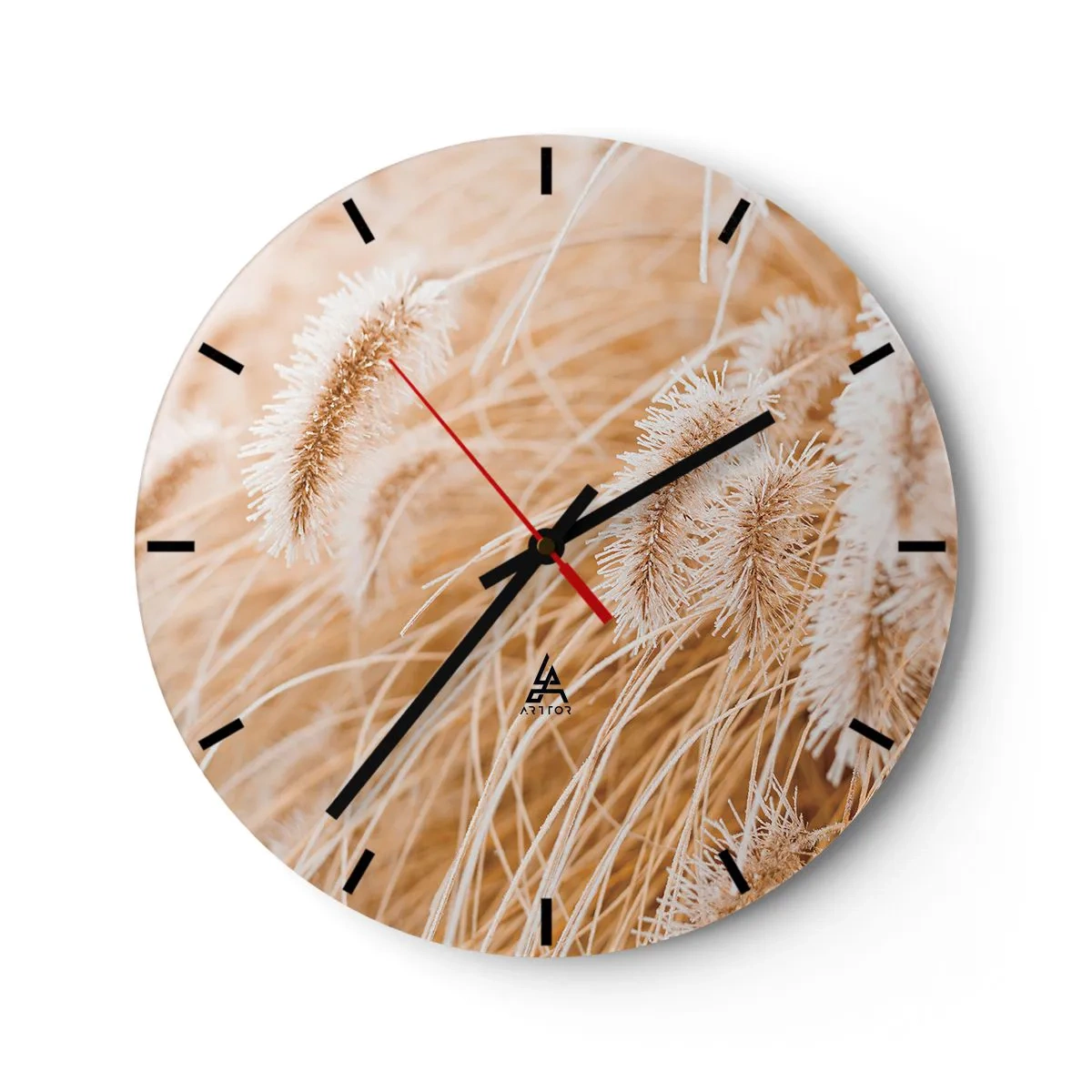 Wall clock - Clock on glass - Close-up of golden grass swaying in the wind - 30x30cm - Golden Rustling of Grass - Modern wall decoration for the living room, kitchen, and bedroom ARTTOR