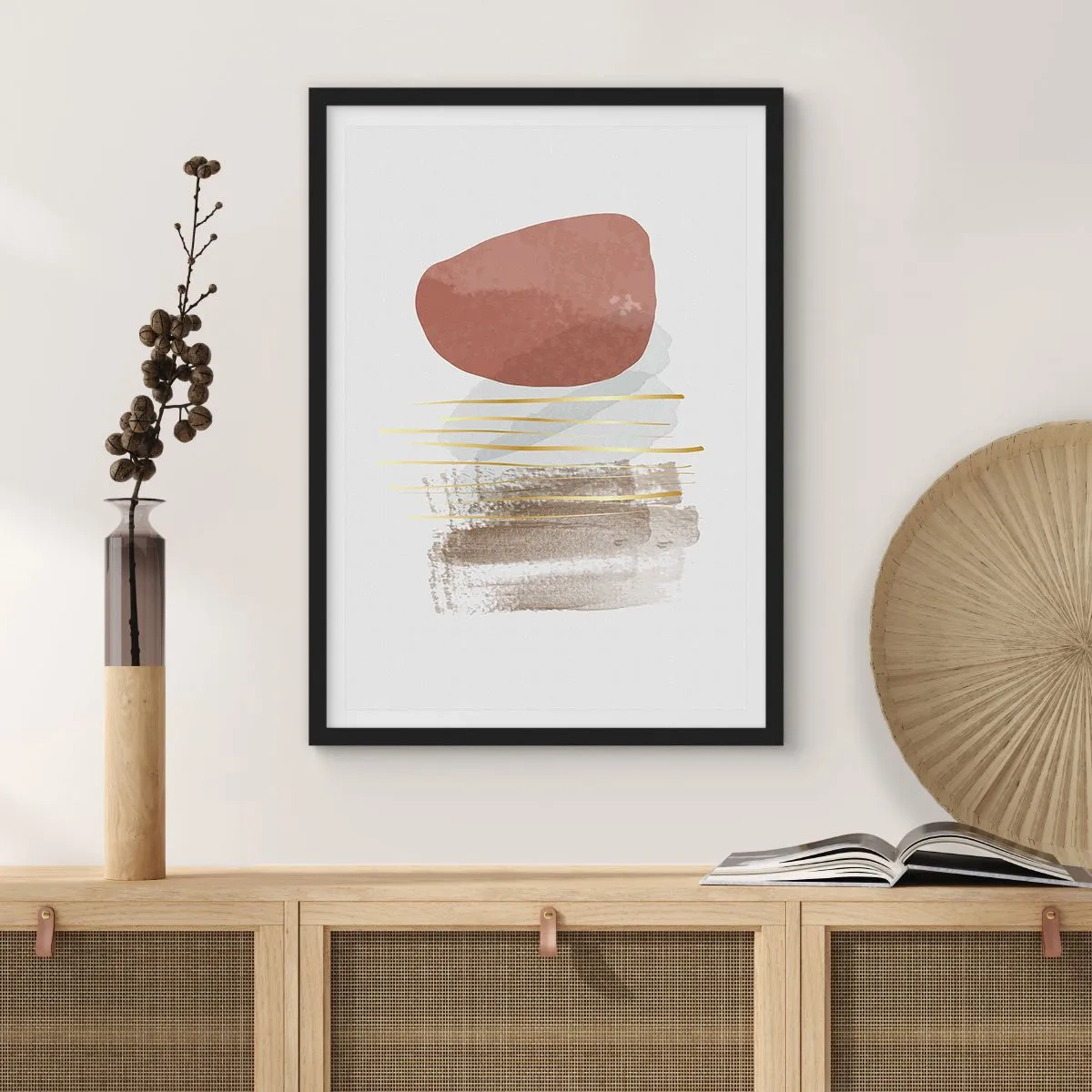 Poster in black frame - Minimalist abstraction with geometric shapes and golden lines - 50x70cm - Abstract Colonnade - Modern wall decoration for the living room and bedroom ARTTOR