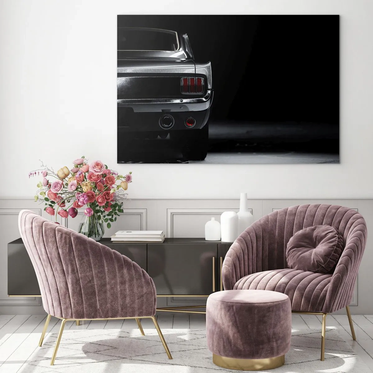 Glass picture - The rear of a classic car in a dark, stylish interior - 70x50cm - Charm of the Classic - Modern wall decoration for the living room and bedroom ARTTOR