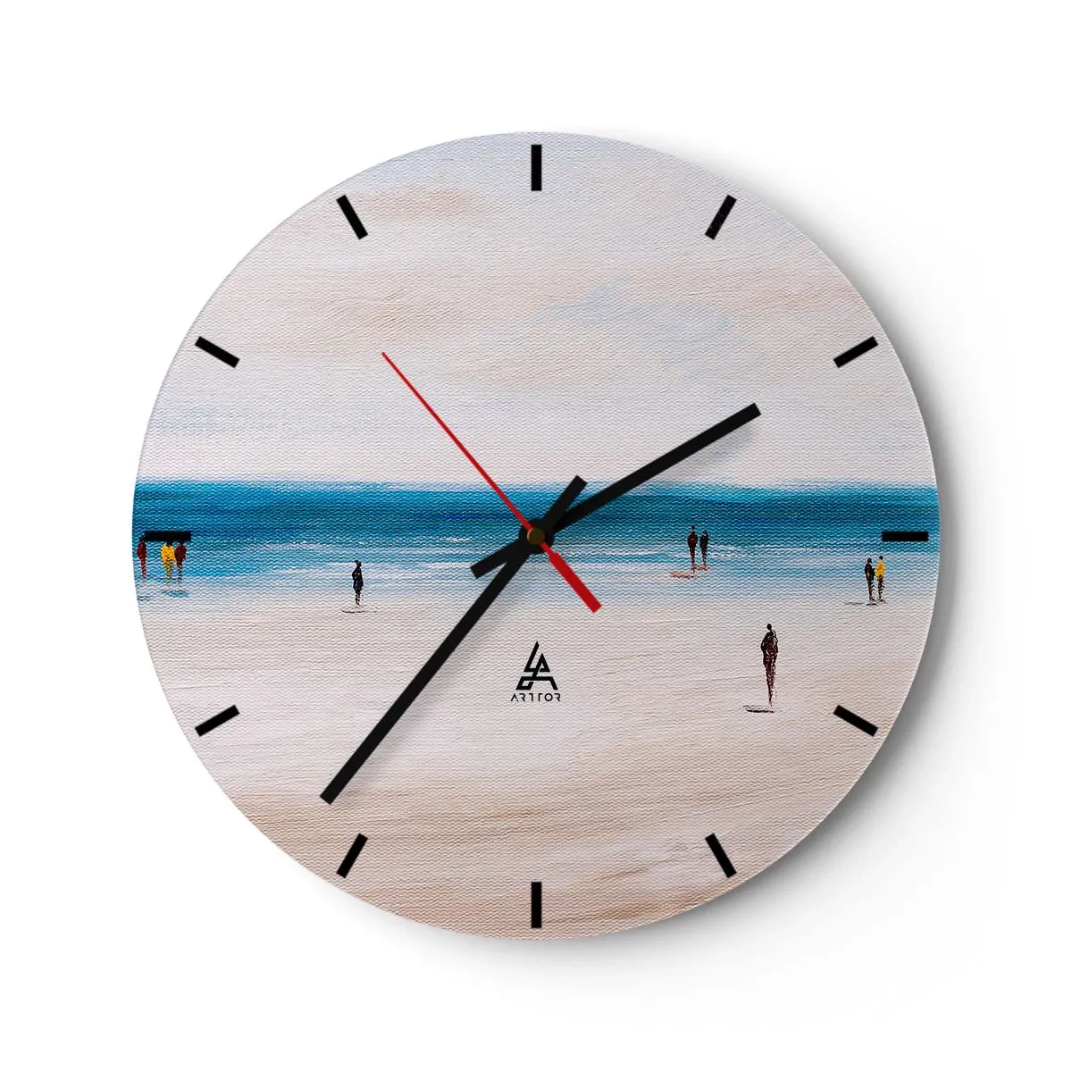 Wall clock - Clock on glass - Figures walking on the beach overlooking the calm sea - 30x30cm - Natural Need - Modern wall decoration for the living room, kitchen, and bedroom ARTTOR