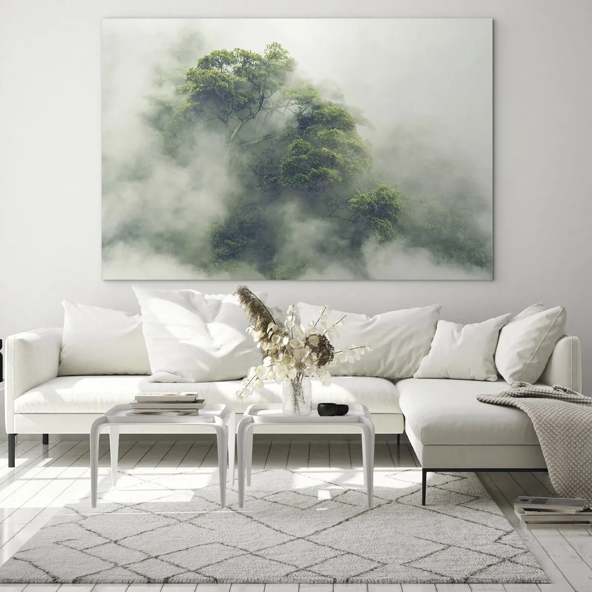 Glass picture - Tropical forest trees emerging from thick fog - 70x50cm - Wrapped In Fog - Modern wall decoration for the living room and bedroom ARTTOR