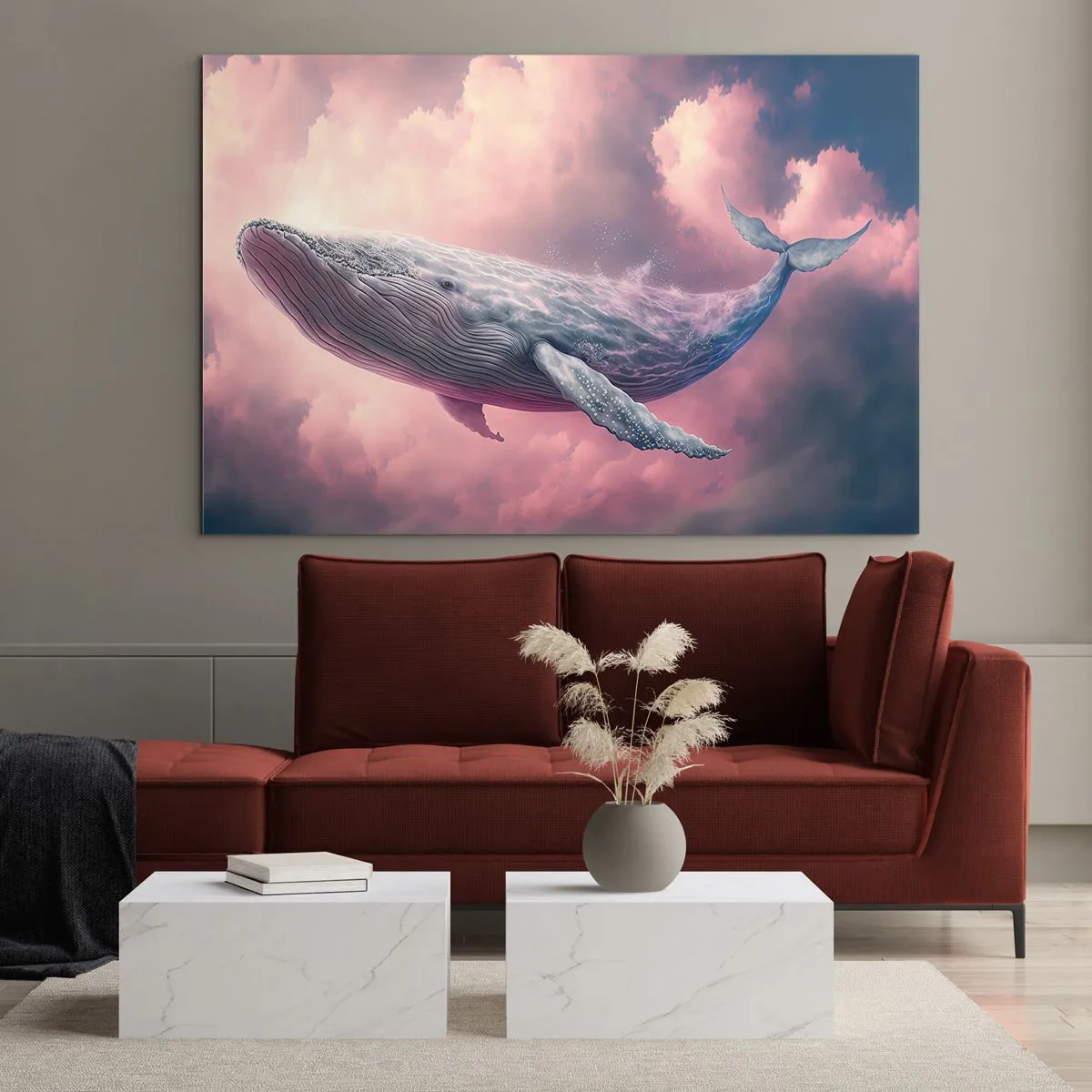 Glass picture - A whale floating in the clouds with a pink glow - 70x50cm - Rub Your Eyes - Modern wall decoration for the living room and bedroom ARTTOR