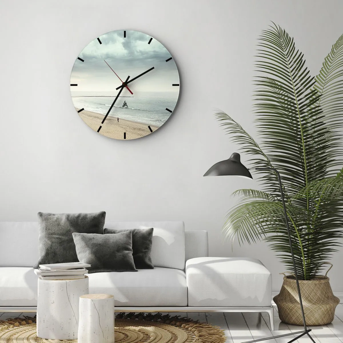 Wall clock - Clock on glass - A lonely figure walks along the seashore under a cloudy sky. - 30x30cm - In Search of Quiet - Modern wall decoration for the living room, kitchen, and bedroom ARTTOR