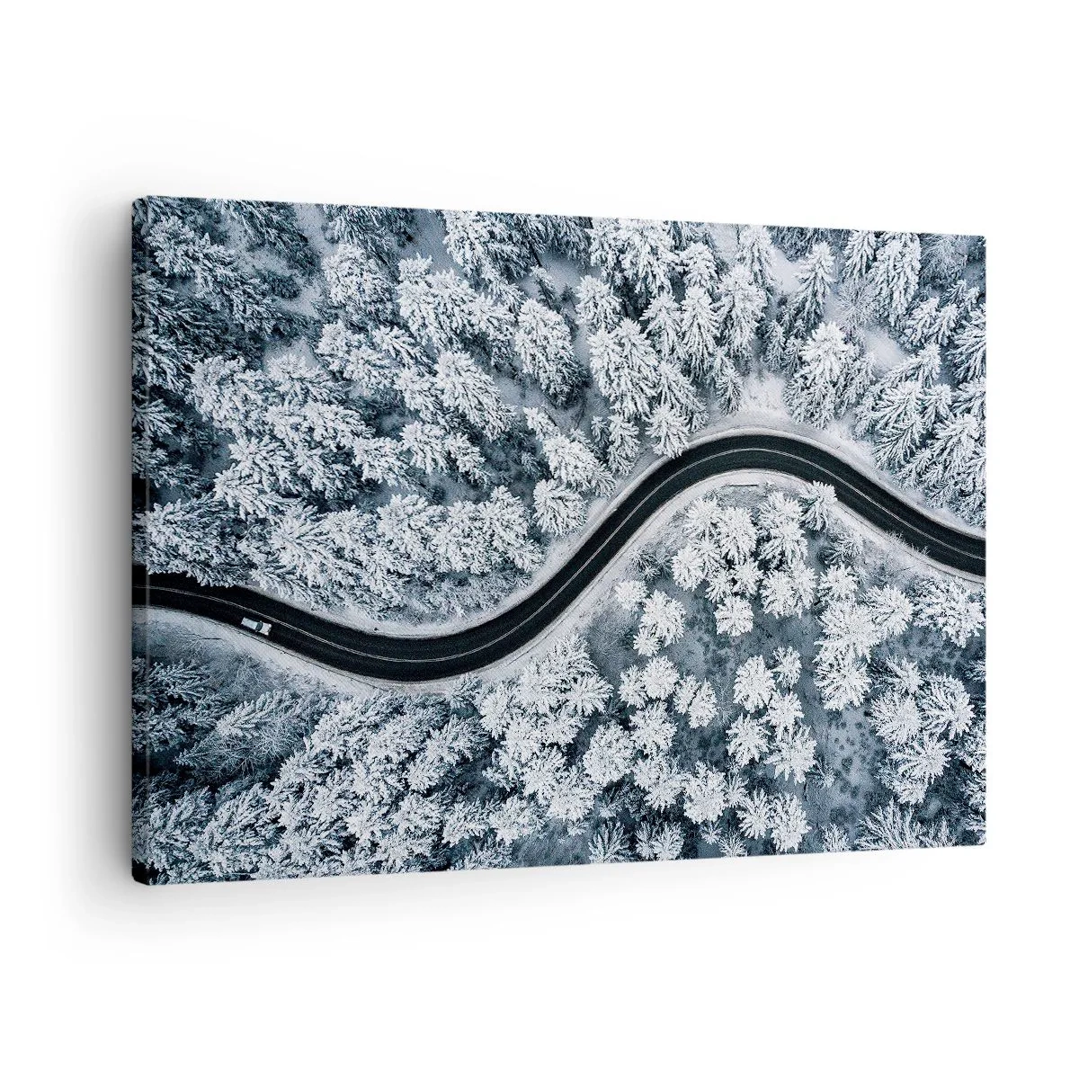 Canvas picture - A bird's eye view of a winding road in a winter forest - 70x50cm - Through Wintery Forest - Modern wall decoration for the living room and bedroom ARTTOR