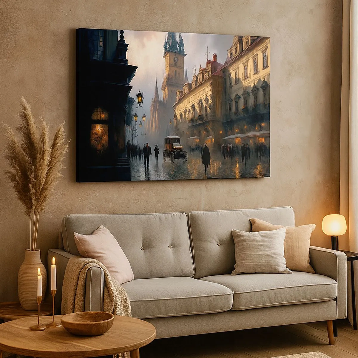 Canvas picture - Evening street scene with historic architecture - 70x50cm - Charm of Evening in Prague - Modern wall decoration for the living room and bedroom ARTTOR