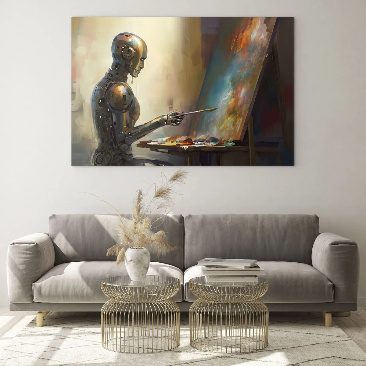 Glass picture - A robot painting a picture at an easel - 70x50cm - Art of the Future - Modern wall decoration for the living room and bedroom ARTTOR