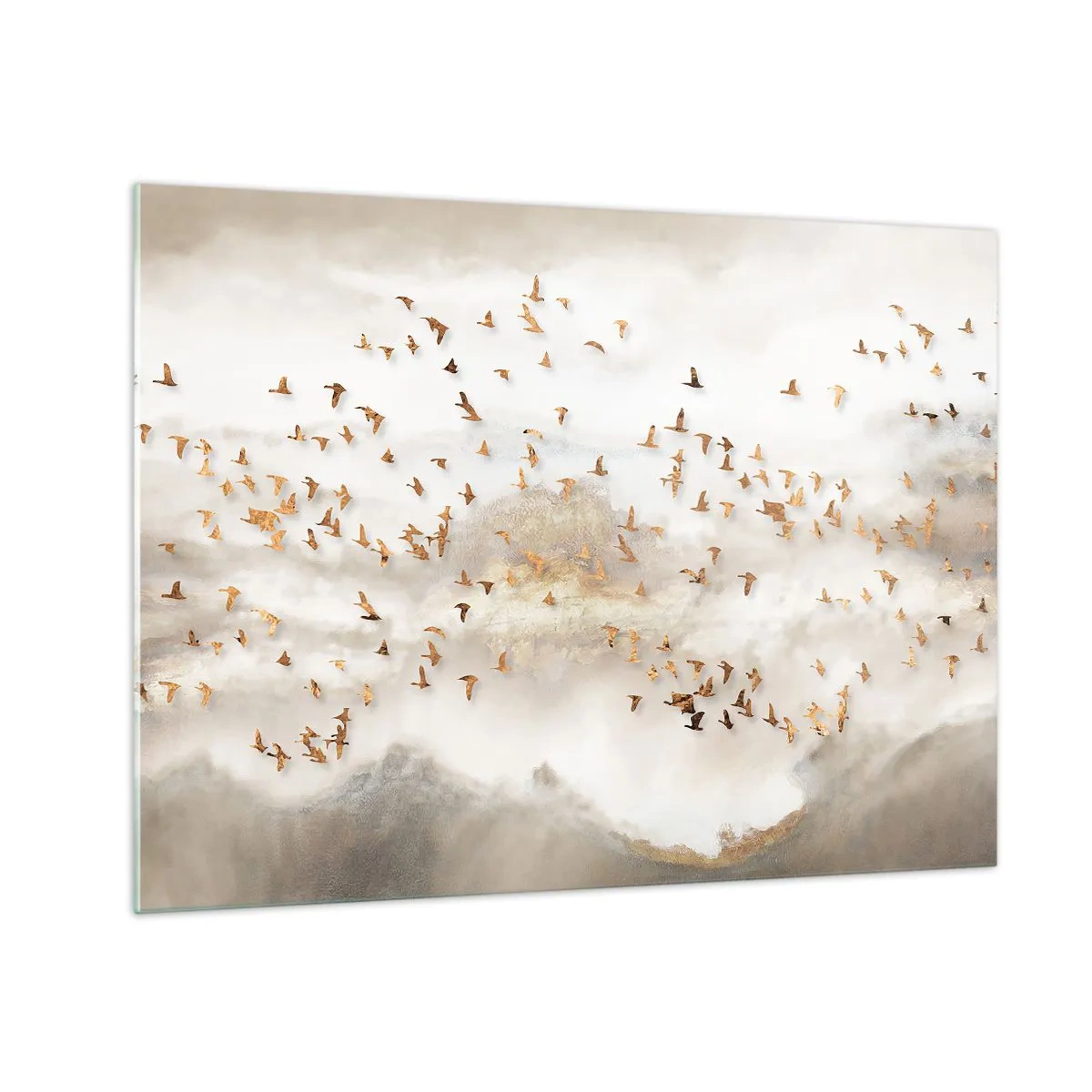 Glass picture - A flock of birds flying over a misty landscape - 70x50cm - It Is Time - Modern wall decoration for the living room and bedroom ARTTOR