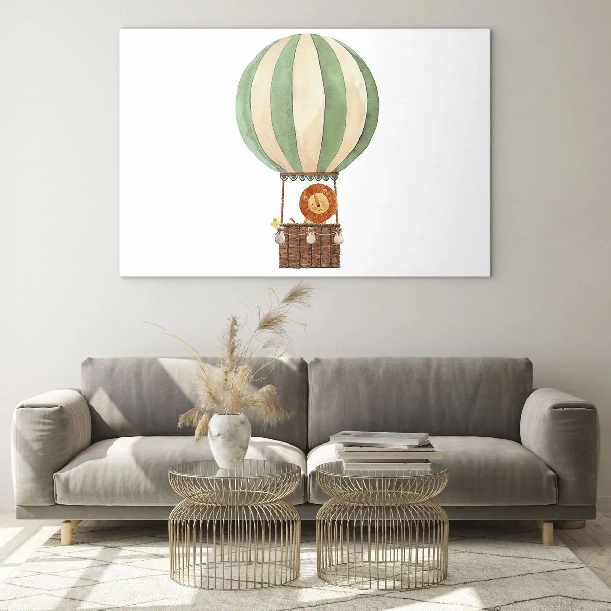 Glass picture - A lion in a balloon basket floating on a white background - 70x50cm - Leon's Adventures - Modern wall decoration for the living room and bedroom ARTTOR