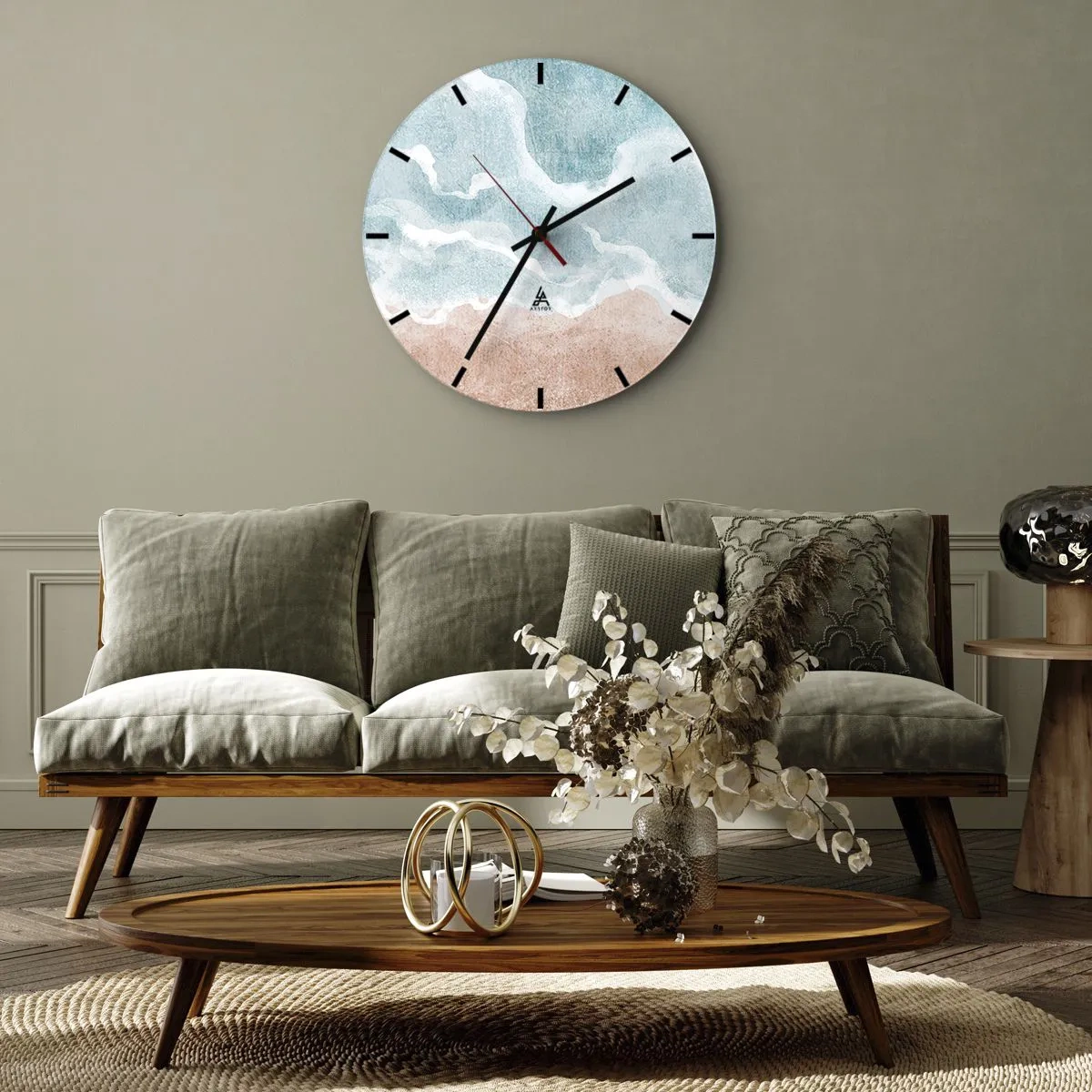 Wall clock - Clock on glass - Pastel abstraction reminiscent of sky and sand - 30x30cm - Cloudy Abstract - Modern wall decoration for the living room, kitchen, and bedroom ARTTOR
