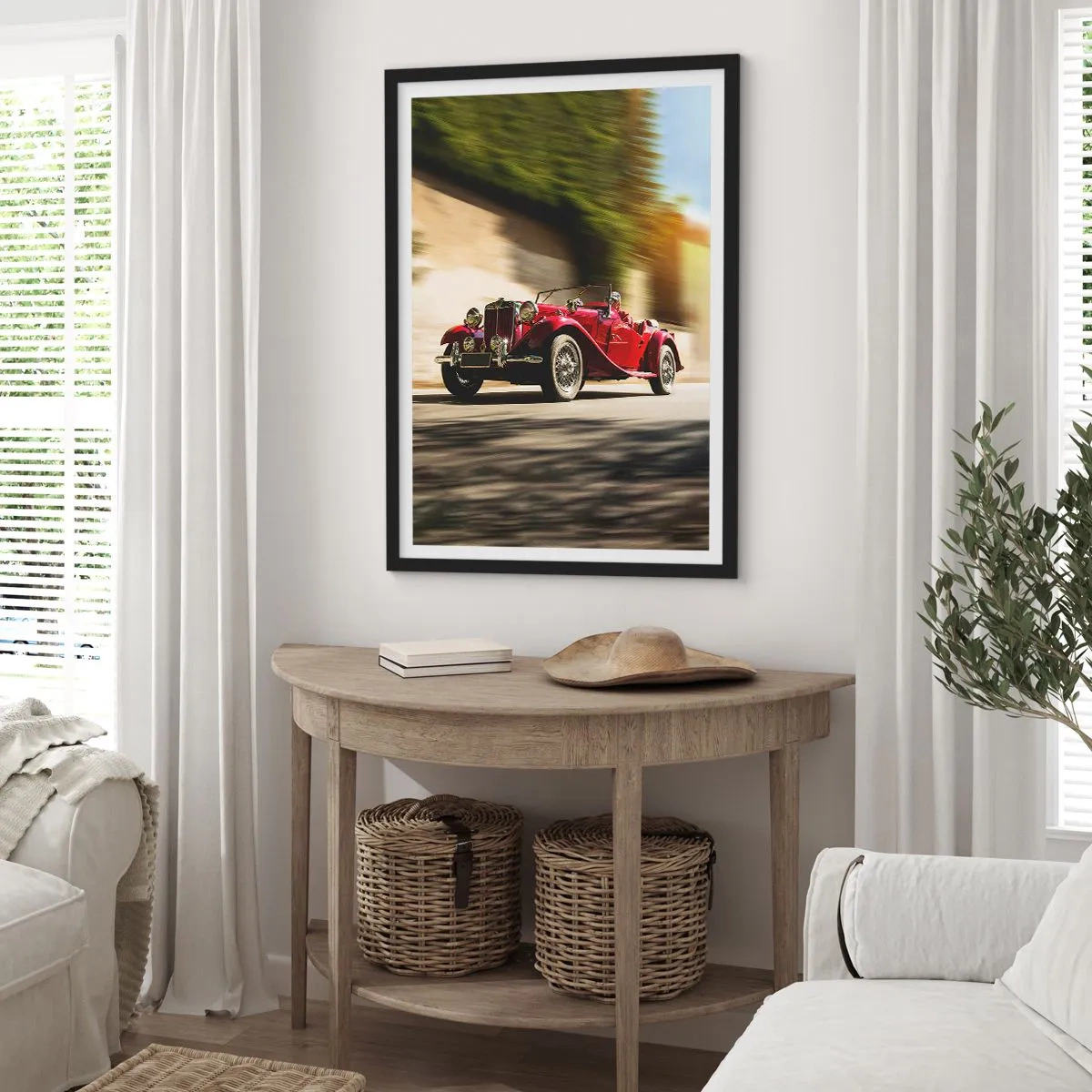 Poster in black frame - Red classic car against a blurred landscape - 50x70cm - More Beautiful than Nike of Samothrace - Modern wall decoration for the living room and bedroom ARTTOR