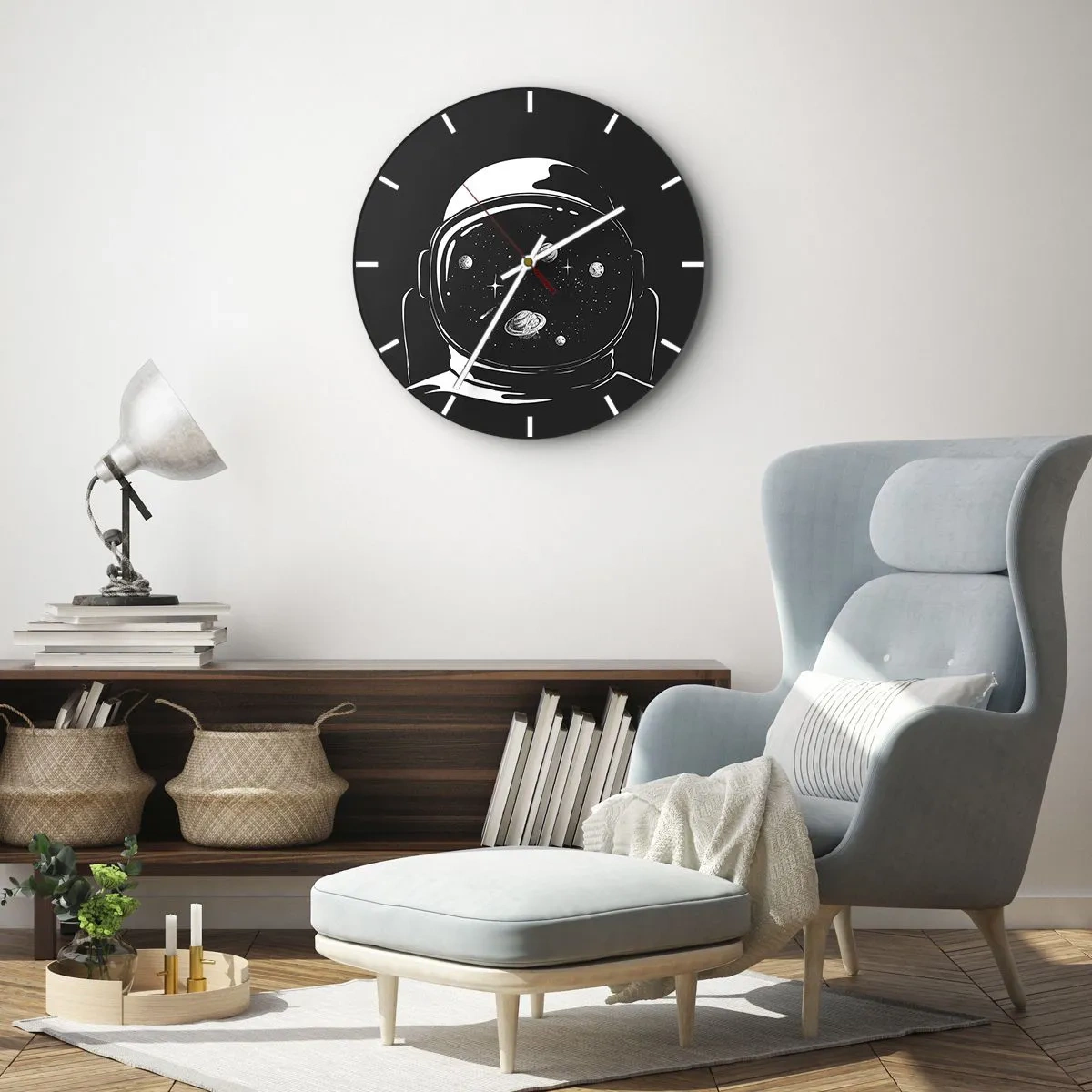Wall clock - Clock on glass - The cosmos reflected in the visor of an astronaut's helmet - 30x30cm - Quite a View - Modern wall decoration for the living room, kitchen, and bedroom ARTTOR