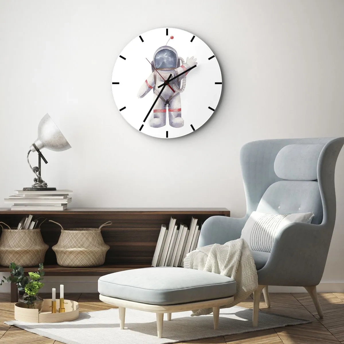 Wall clock - Clock on glass - Illustration of a cosmonaut with his hand raised on a white background - 30x30cm - So Long! - Modern wall decoration for the living room, kitchen, and bedroom ARTTOR