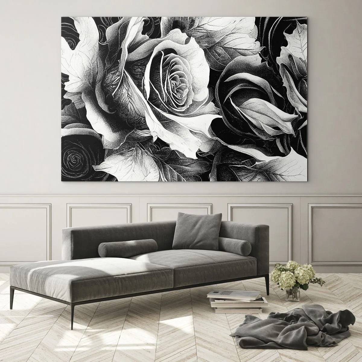 Glass picture - Black and white rose flower arrangement with details - 70x50cm - Always Queen - Modern wall decoration for the living room and bedroom ARTTOR