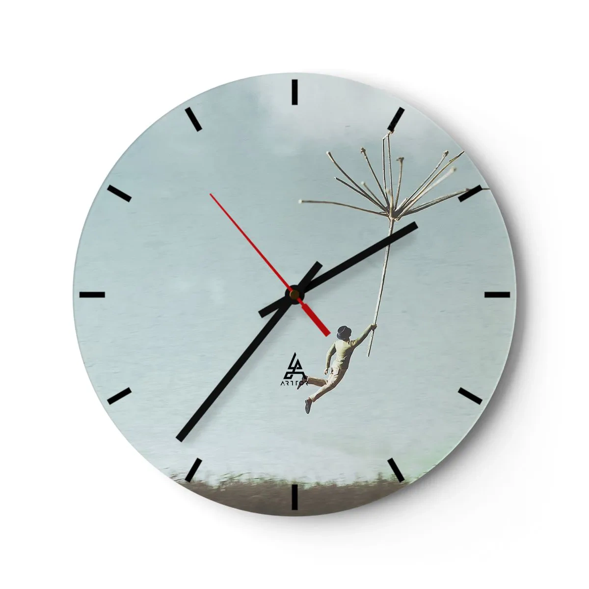 Wall clock - Clock on glass - A figure floating in the air holding a giant dandelion - 30x30cm - Kites, Dandelions, Wind - Modern wall decoration for the living room, kitchen, and bedroom ARTTOR