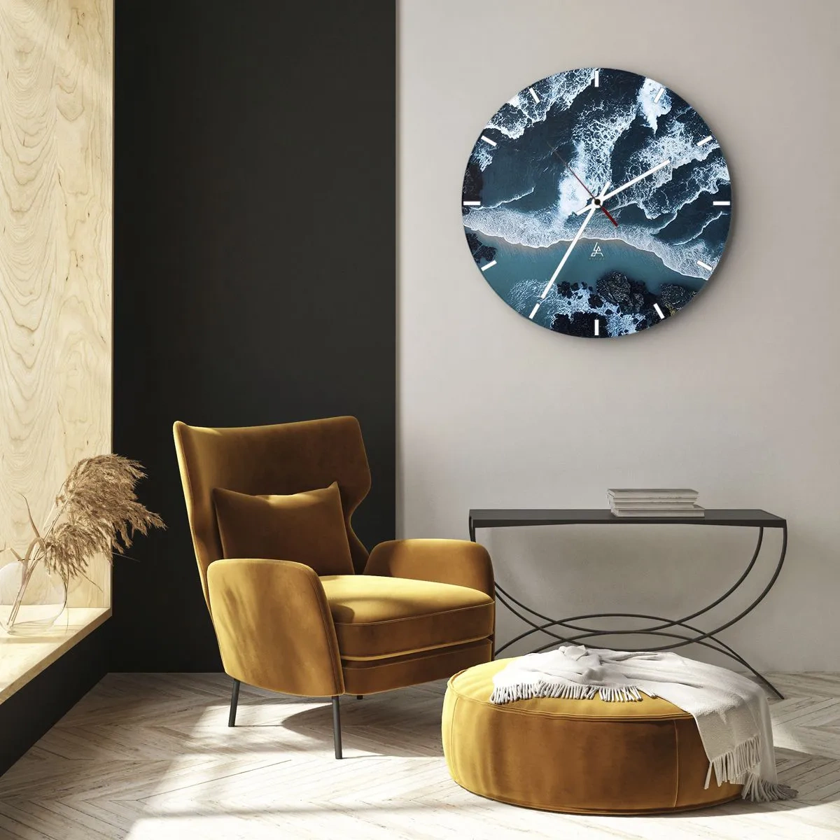 Wall clock - Clock on glass - Waves crashing onto the shore seen from a bird's eye view - 30x30cm - Envelopped by Waves - Modern wall decoration for the living room, kitchen, and bedroom ARTTOR