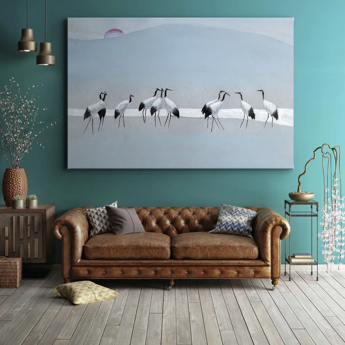 Canvas picture - A group of cranes against a blue sky and the rising sun - 70x50cm - After a Hot Day - Modern wall decoration for the living room and bedroom ARTTOR