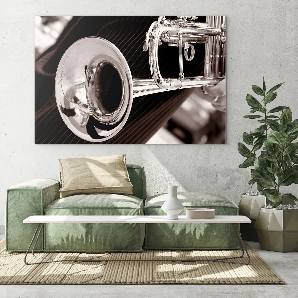 Glass picture - Silver trumpet on a sepia striped background - 70x50cm - Musical Journey to the 30-ies - Modern wall decoration for the living room and bedroom ARTTOR