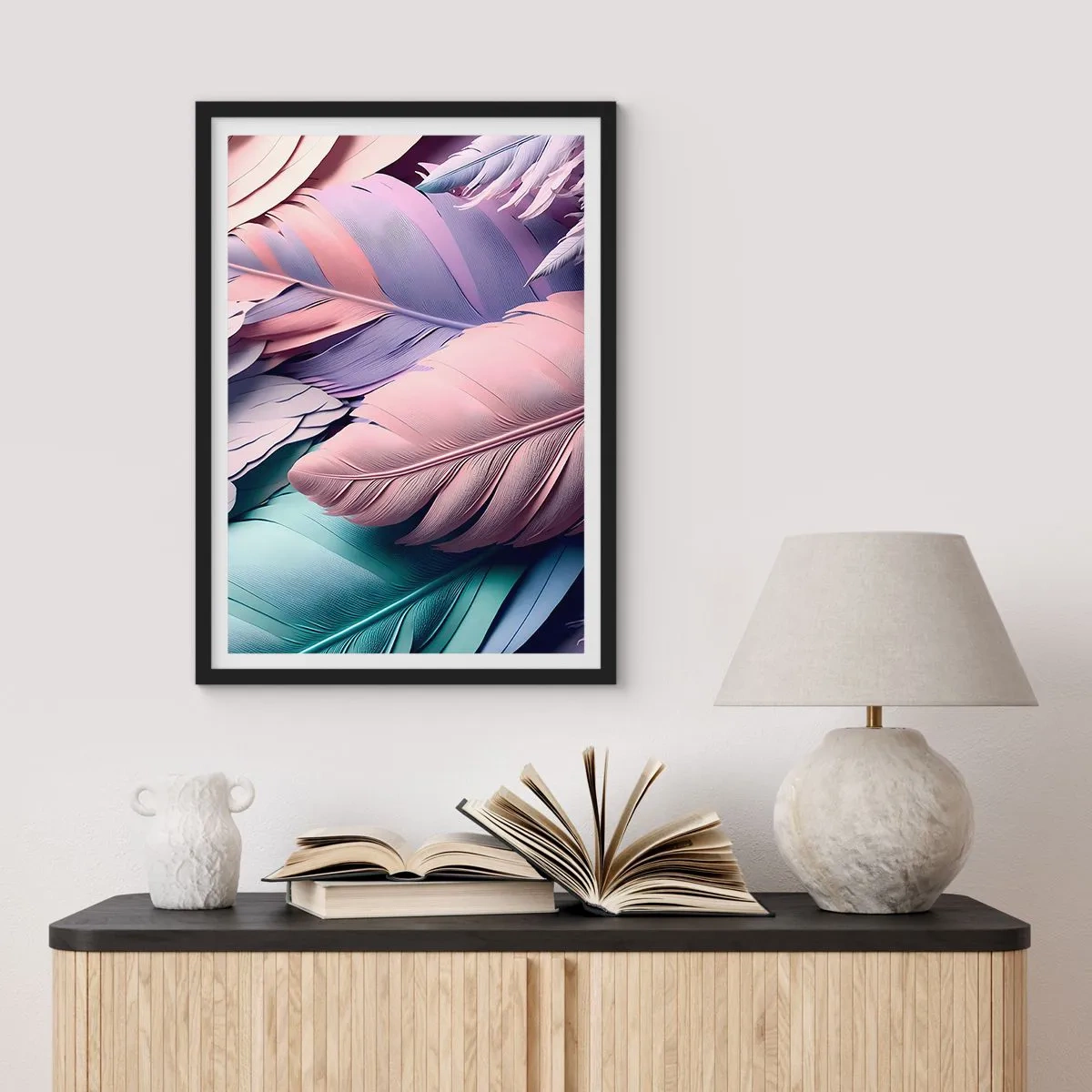 Poster in black frame - Pastel feathers in delicate shades - 50x70cm - Birdie Chic - Modern wall decoration for the living room and bedroom ARTTOR