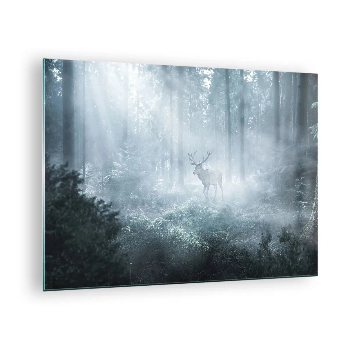 Glass picture - A deer in a misty forest illuminated by the rays of the morning sun - 70x50cm - Morning Round of the Estate - Modern wall decoration for the living room and bedroom ARTTOR